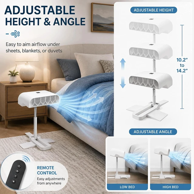 Alt view image 5 of 7 - Bed Cooling Fan Under Sheets, Rechargeable Cordless Bed Fan for Hot Sleepers, Under Blanket Airflow Cooling System with Remote, 5 Quiet Speeds, Adjustable Height, USB-C Charging (1PC)