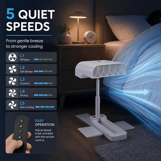 Alt view image 3 of 7 - Bed Cooling Fan Under Sheets, Rechargeable Cordless Bed Fan for Hot Sleepers, Under Blanket Airflow Cooling System with Remote, 5 Quiet Speeds, Adjustable Height, USB-C Charging (1PC)