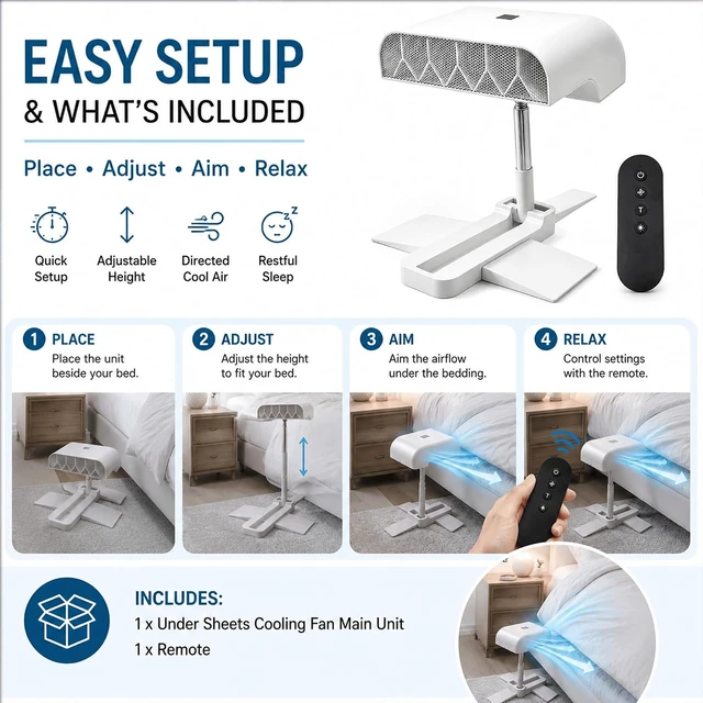Alt view image 7 of 7 - Bed Cooling Fan Under Sheets, Rechargeable Cordless Bed Fan for Hot Sleepers, Under Blanket Airflow Cooling System with Remote, 5 Quiet Speeds, Adjustable Height, USB-C Charging (1PC)
