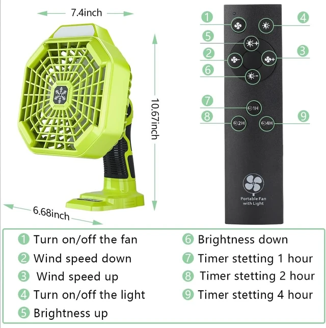 Alt view image 2 of 6 - Battery Operated 18V Fan Compatible with Ryobi 18V Battery, Portable Cordless Fan with 180LM LED Lantern, Remote, Timer 1800CFM 3-Speed Outdoor Floor Fan