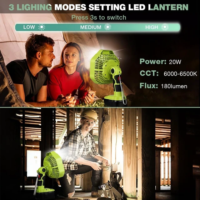 Alt view image 3 of 6 - Battery Operated 18V Fan Compatible with Ryobi 18V Battery, Portable Cordless Fan with 180LM LED Lantern, Remote, Timer 1800CFM 3-Speed Outdoor Floor Fan