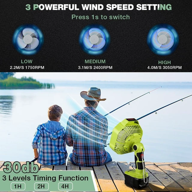 Alt view image 4 of 6 - Battery Operated 18V Fan Compatible with Ryobi 18V Battery, Portable Cordless Fan with 180LM LED Lantern, Remote, Timer 1800CFM 3-Speed Outdoor Floor Fan