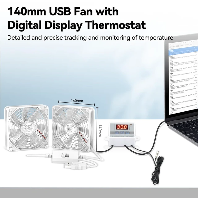 Alt view image 7 of 7 - aceyoon 140mm USB Dual Fan with Digital Temp Control 5V Quiet PC Ventilator