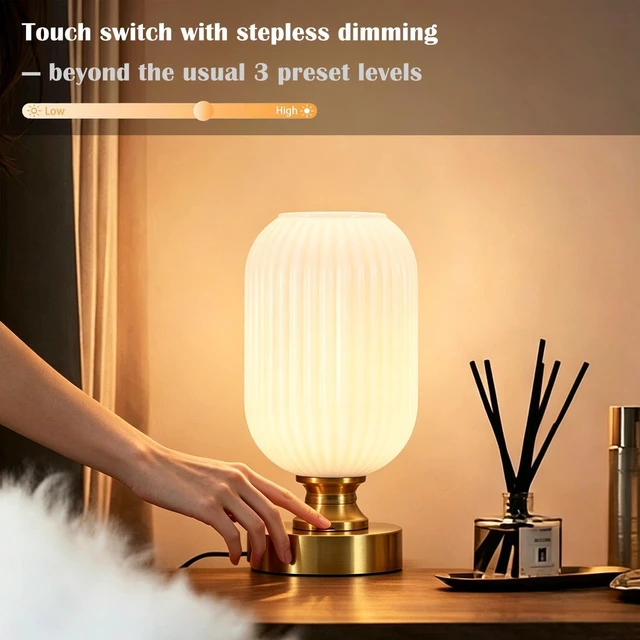 Alt view image 2 of 7 - Mid Century Glass Table Lamp, Touch Stepless Dimmable, USB A+C, White