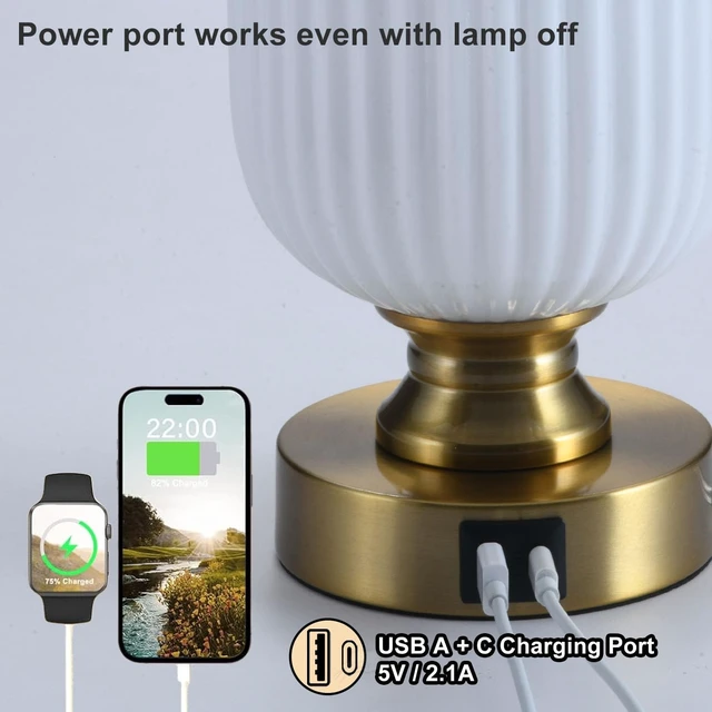 Alt view image 3 of 7 - Mid Century Glass Table Lamp, Touch Stepless Dimmable, USB A+C, White
