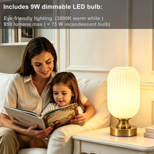 Alt view image 4 of 7 - Mid Century Glass Table Lamp, Touch Stepless Dimmable, USB A+C, White