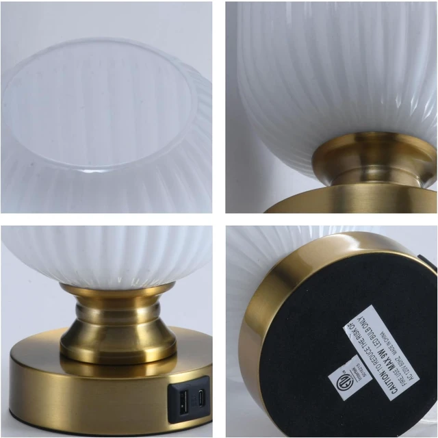 Alt view image 6 of 7 - Mid Century Glass Table Lamp, Touch Stepless Dimmable, USB A+C, White