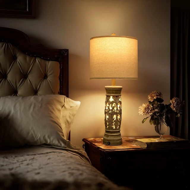 Alt view image 2 of 7 - 27.25Farmhouse Table Lamps Set of 2 with Night Light, Rustic Bedside Lamp