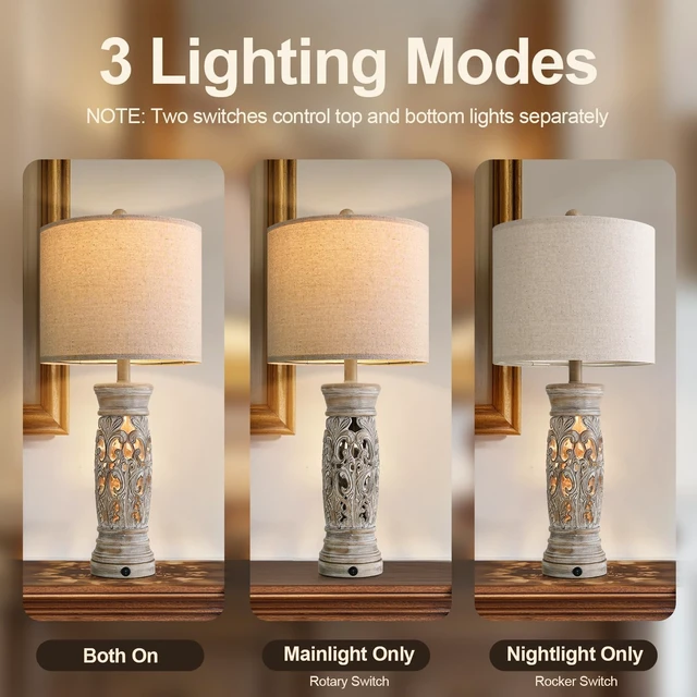 Alt view image 3 of 7 - 27.25Farmhouse Table Lamps Set of 2 with Night Light, Rustic Bedside Lamp