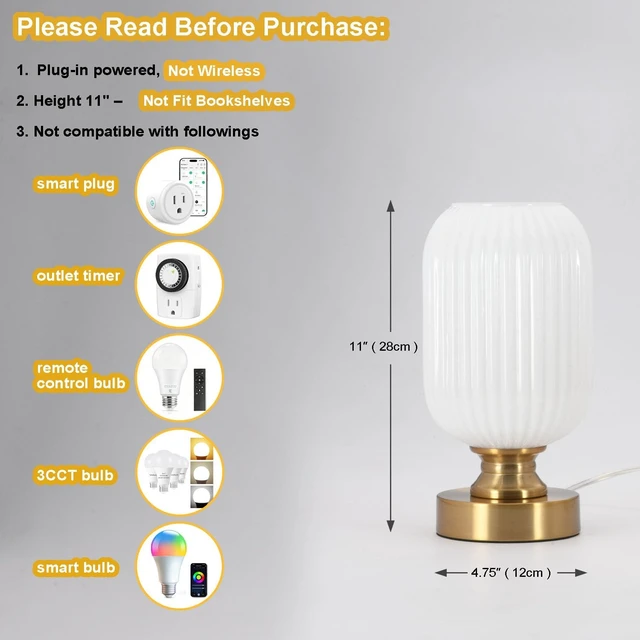 Alt view image 7 of 7 - Mid Century Glass Table Lamp, Touch Stepless Dimmable, USB A+C, White
