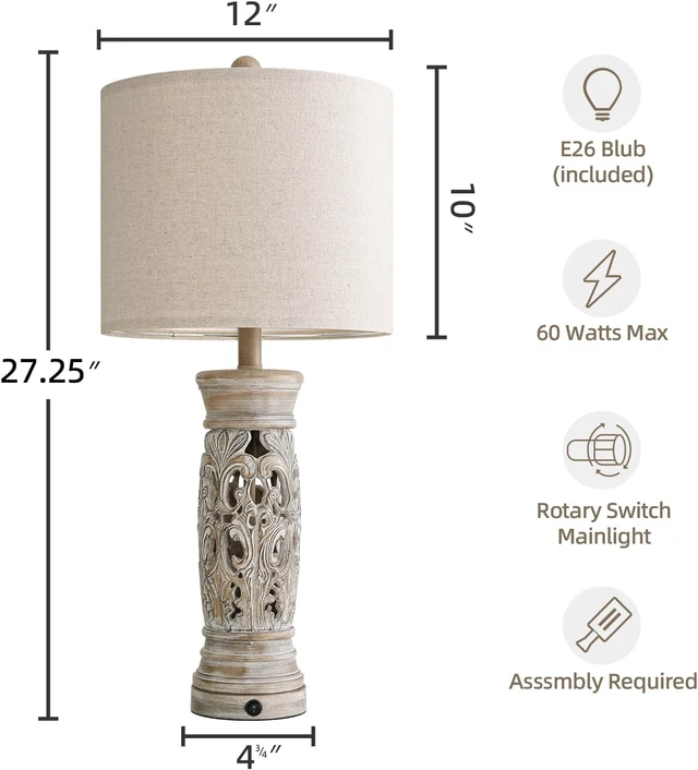 Alt view image 6 of 7 - 27.25Farmhouse Table Lamps Set of 2 with Night Light, Rustic Bedside Lamp