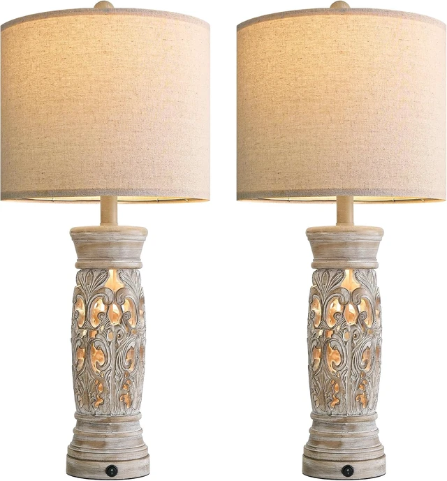 Alt view image 7 of 7 - 27.25Farmhouse Table Lamps Set of 2 with Night Light, Rustic Bedside Lamp