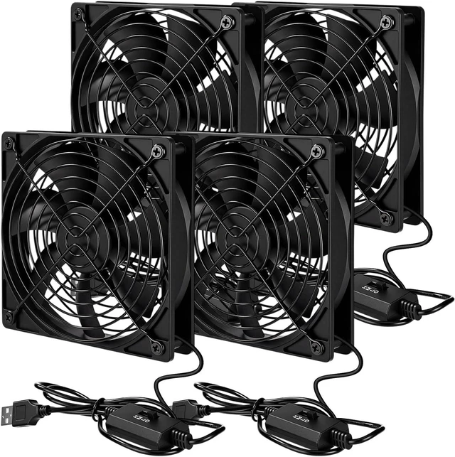 Main image of VIHOSE 4 Pack 120mm USB Cooling Fans with 3-Speed Control, 5V USB Powered Case Fans, Dual Ball Bearing, 50,000 Hours Lifespan, Quiet Fan for Receiver DVR TV Box Router, Black