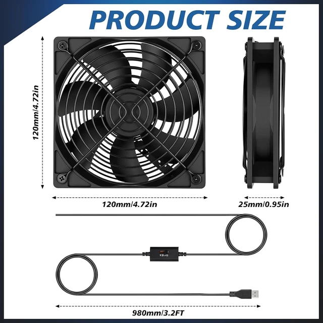 Alt view image 2 of 7 - VIHOSE 4 Pack 120mm USB Cooling Fans with 3-Speed Control, 5V USB Powered Case Fans, Dual Ball Bearing, 50,000 Hours Lifespan, Quiet Fan for Receiver DVR TV Box Router, Black