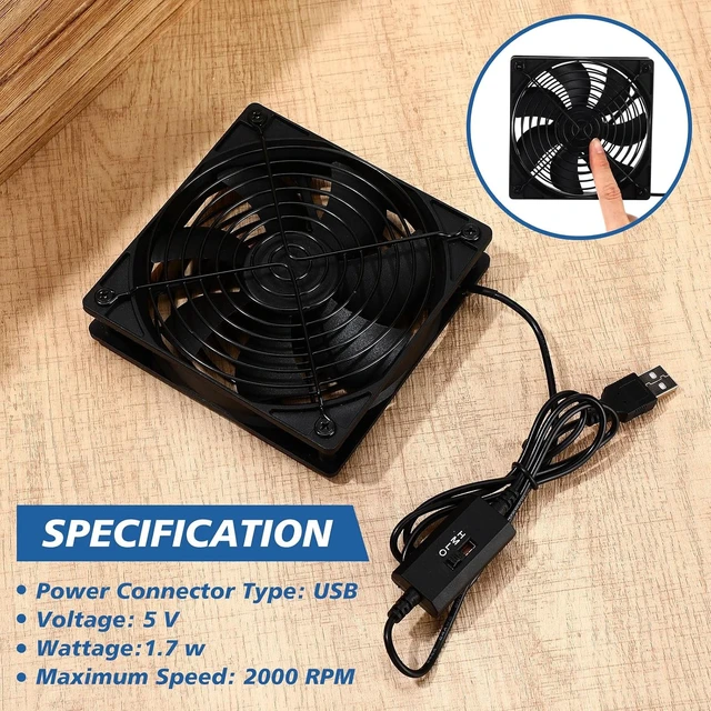Alt view image 4 of 7 - VIHOSE 4 Pack 120mm USB Cooling Fans with 3-Speed Control, 5V USB Powered Case Fans, Dual Ball Bearing, 50,000 Hours Lifespan, Quiet Fan for Receiver DVR TV Box Router, Black