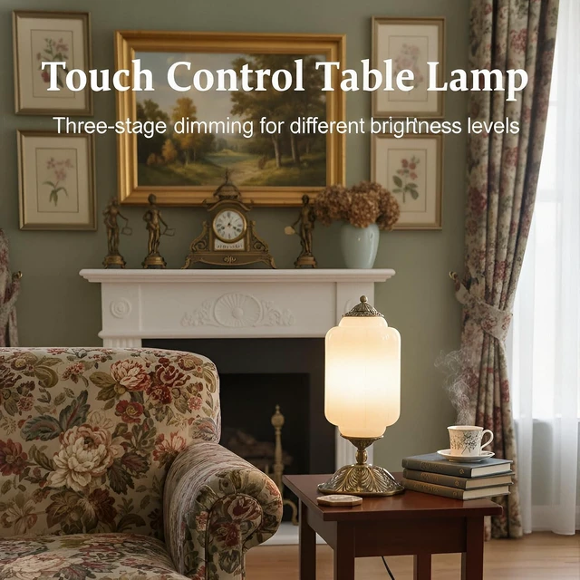 Alt view image 2 of 7 - Vintage Milk Glass Table Lamp,3-WayDimmable USB-C+A,White Bedroom DeskLamps