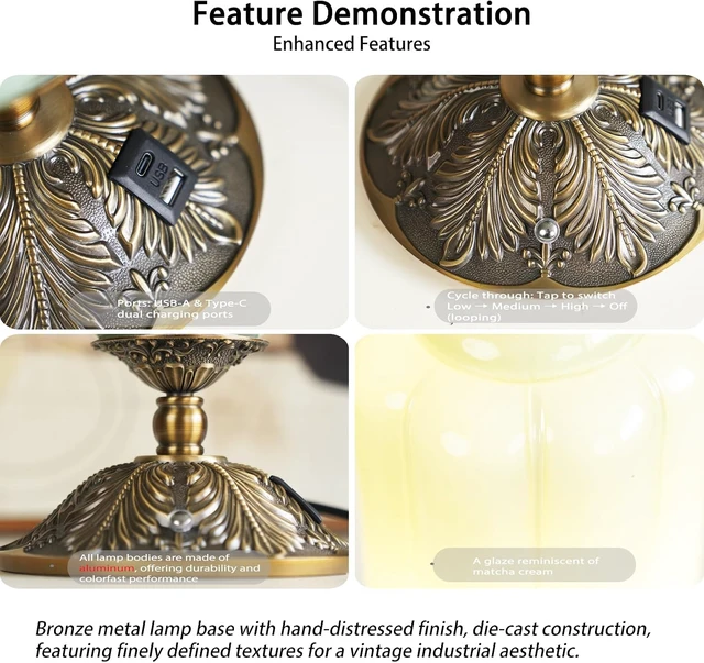 Alt view image 3 of 7 - Vintage Milk Glass Table Lamp,3-WayDimmable USB-C+A,White Bedroom DeskLamps