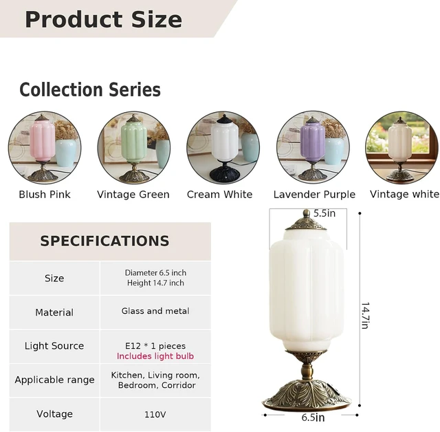 Alt view image 4 of 7 - Vintage Milk Glass Table Lamp,3-WayDimmable USB-C+A,White Bedroom DeskLamps