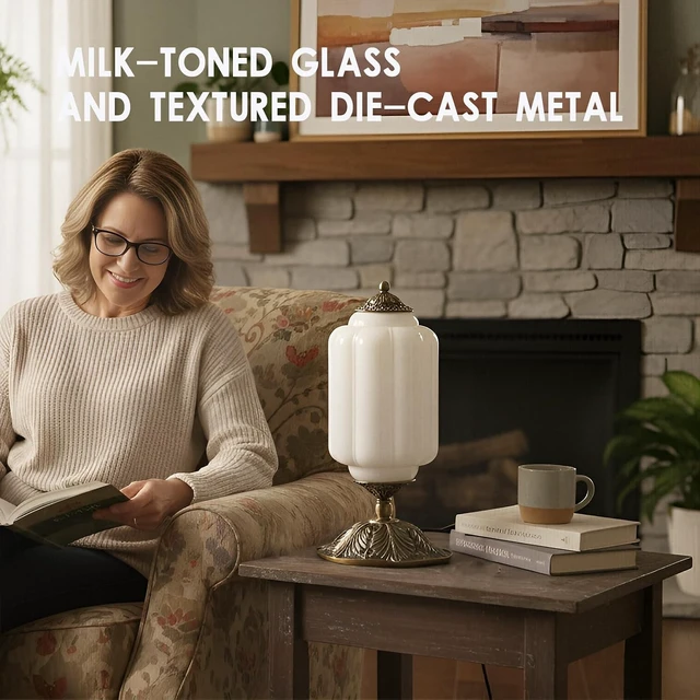 Alt view image 5 of 7 - Vintage Milk Glass Table Lamp,3-WayDimmable USB-C+A,White Bedroom DeskLamps