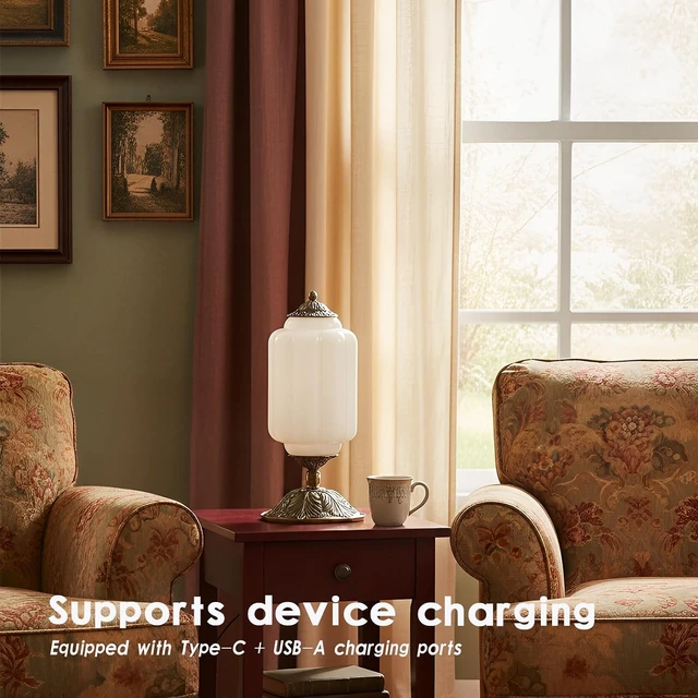Alt view image 7 of 7 - Vintage Milk Glass Table Lamp,3-WayDimmable USB-C+A,White Bedroom DeskLamps