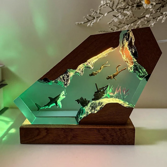 Main image of Epoxy Shark Ocean Resin Lamp, Handmade Resin Night Light with USB Port