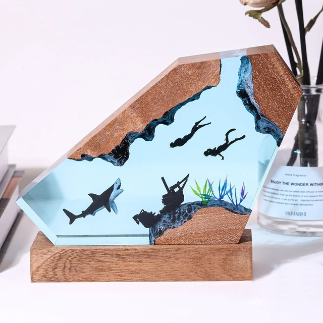 Alt view image 2 of 7 - Epoxy Shark Ocean Resin Lamp, Handmade Resin Night Light with USB Port