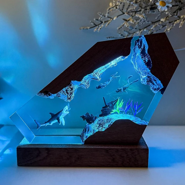 Alt view image 3 of 7 - Epoxy Shark Ocean Resin Lamp, Handmade Resin Night Light with USB Port