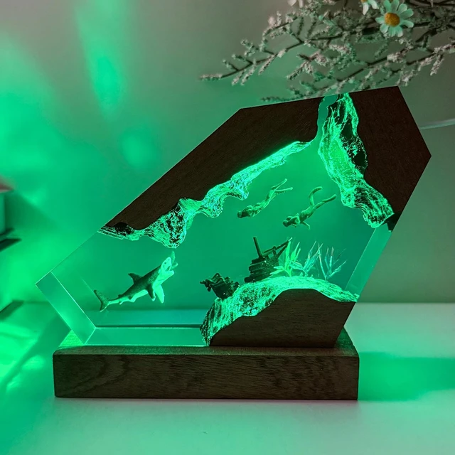Alt view image 6 of 7 - Epoxy Shark Ocean Resin Lamp, Handmade Resin Night Light with USB Port