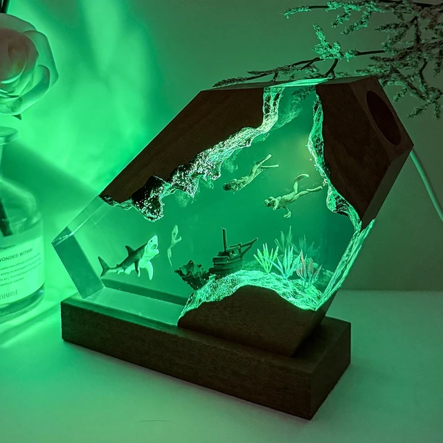 Alt view image 7 of 7 - Epoxy Shark Ocean Resin Lamp, Handmade Resin Night Light with USB Port