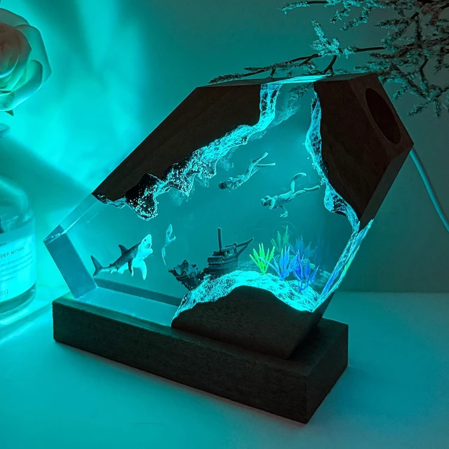 Alt view image 5 of 7 - Epoxy Shark Ocean Resin Lamp, Handmade Resin Night Light with USB Port