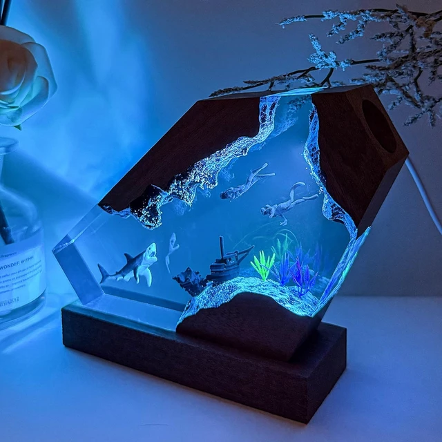 Alt view image 4 of 7 - Epoxy Shark Ocean Resin Lamp, Handmade Resin Night Light with USB Port