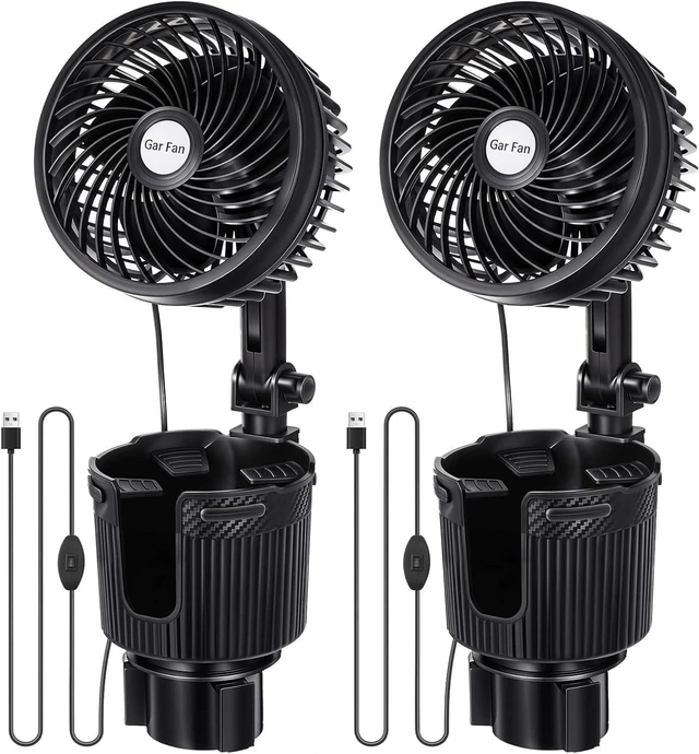 Main image of DaisyInner 2 Pcs USB Car Fan with Cup Holder 2 in 1 6 Inch Portable Vehicle Cooling Fan Expander 2 Speeds 360 Degree Rotation Adjustable Base Cup Holder for Suv Rv Truck Sedan Boat Supplies