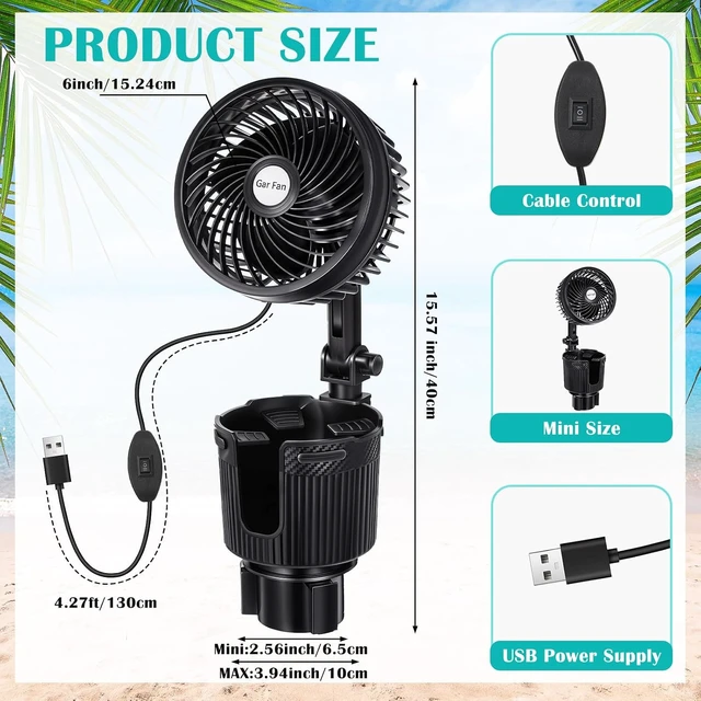 Alt view image 2 of 7 - DaisyInner 2 Pcs USB Car Fan with Cup Holder 2 in 1 6 Inch Portable Vehicle Cooling Fan Expander 2 Speeds 360 Degree Rotation Adjustable Base Cup Holder for Suv Rv Truck Sedan Boat Supplies