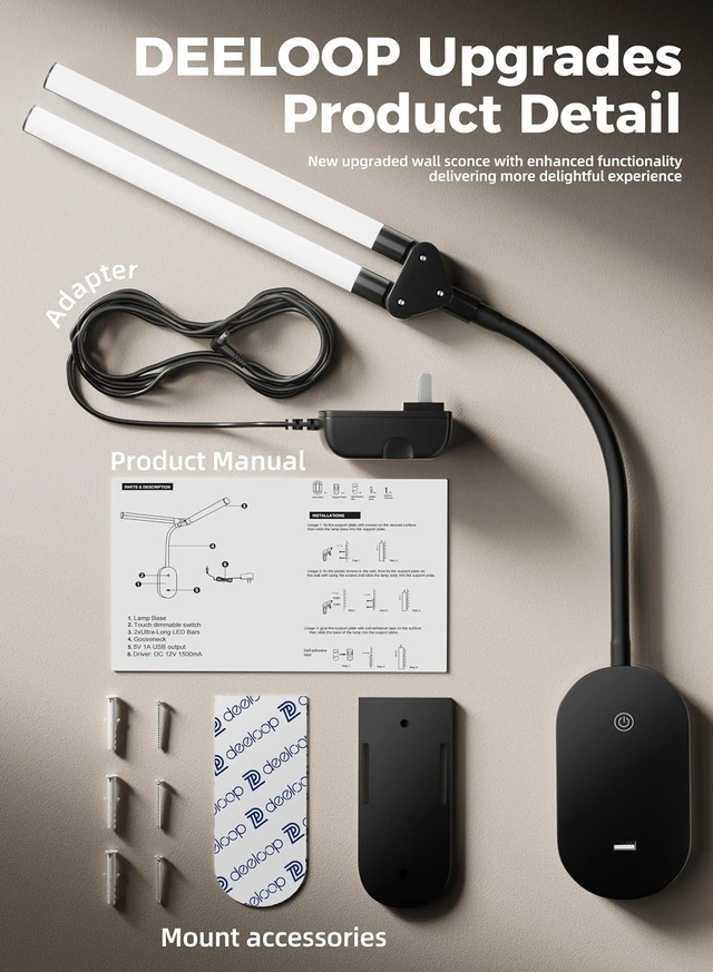 Alt view image 7 of 7 - deeloop Wall Reading Light, Dual LED Bars, USB Port, Touch Dimming