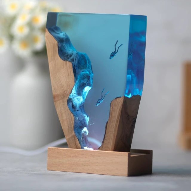 Alt view image 6 of 7 - Epoxy Resin Lamp, Ocean Night Light,Artistry Home Decor Bedside Nightlight, Unique Resin Lighting, Nightstand Decorations for Bedroom, Suitable for Holidays(6inch-Two Divers)
