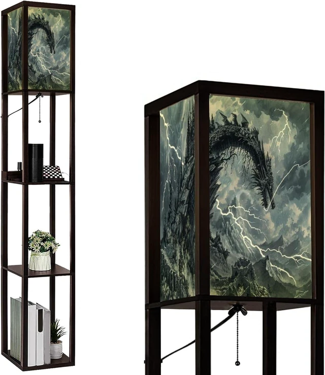Main image of Floor Lamp with Shelves Dragon Shaped Crag Ruined Fortress Monochromatic Art Standing Tall Lamp USB Ports & Power Outlet Modern Corner Lamp Nightstand Light for Living Room Bedroom