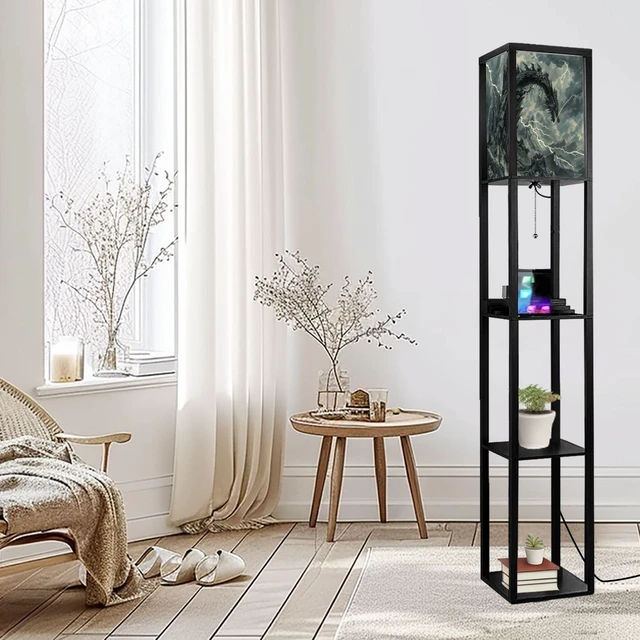 Alt view image 3 of 7 - Floor Lamp with Shelves Dragon Shaped Crag Ruined Fortress Monochromatic Art Standing Tall Lamp USB Ports & Power Outlet Modern Corner Lamp Nightstand Light for Living Room Bedroom