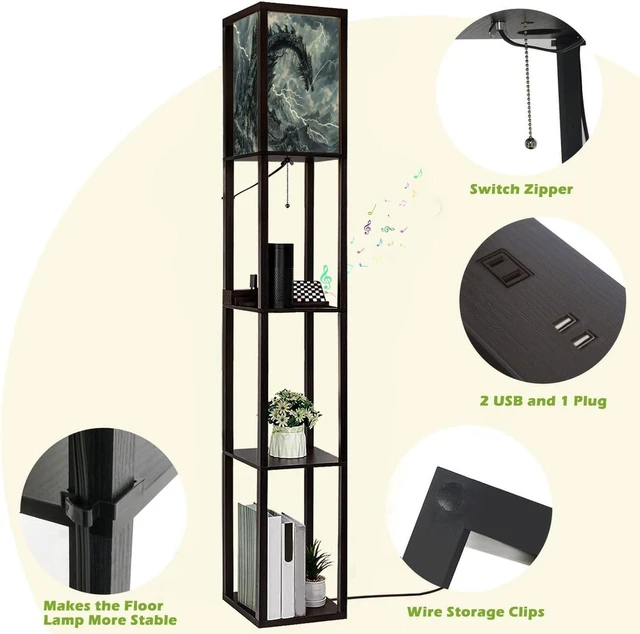 Alt view image 4 of 7 - Floor Lamp with Shelves Dragon Shaped Crag Ruined Fortress Monochromatic Art Standing Tall Lamp USB Ports & Power Outlet Modern Corner Lamp Nightstand Light for Living Room Bedroom