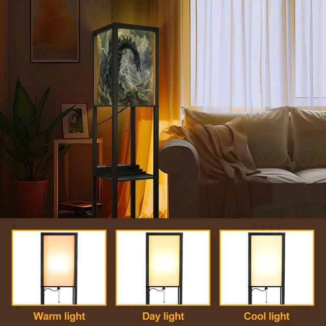 Alt view image 5 of 7 - Floor Lamp with Shelves Dragon Shaped Crag Ruined Fortress Monochromatic Art Standing Tall Lamp USB Ports & Power Outlet Modern Corner Lamp Nightstand Light for Living Room Bedroom