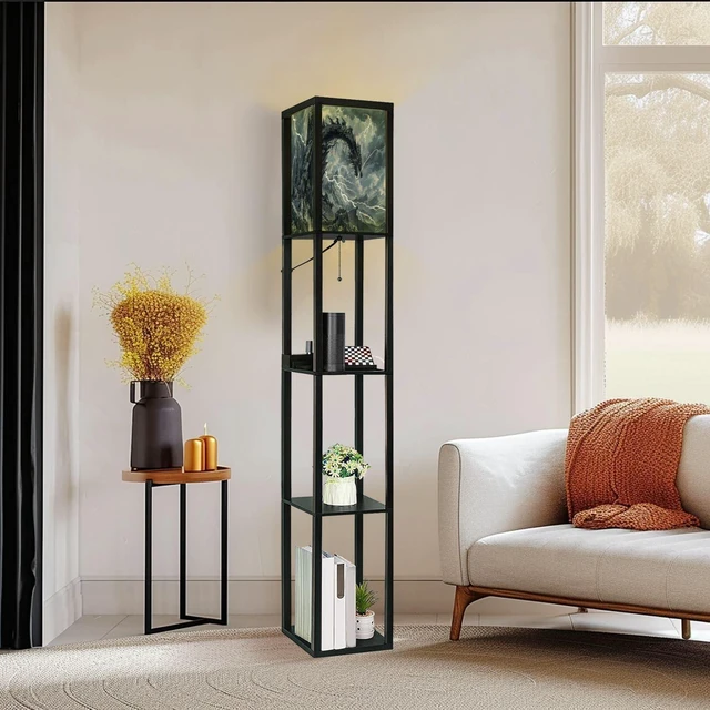 Alt view image 6 of 7 - Floor Lamp with Shelves Dragon Shaped Crag Ruined Fortress Monochromatic Art Standing Tall Lamp USB Ports & Power Outlet Modern Corner Lamp Nightstand Light for Living Room Bedroom