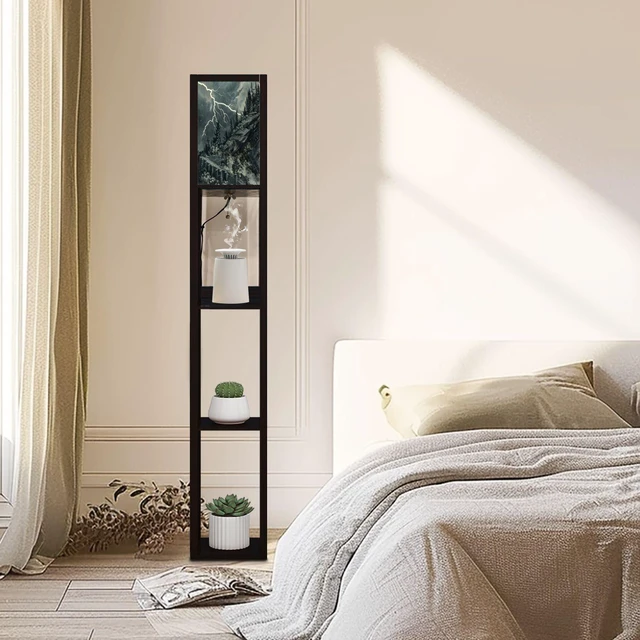 Alt view image 7 of 7 - Floor Lamp with Shelves Dragon Shaped Crag Ruined Fortress Monochromatic Art Standing Tall Lamp USB Ports & Power Outlet Modern Corner Lamp Nightstand Light for Living Room Bedroom