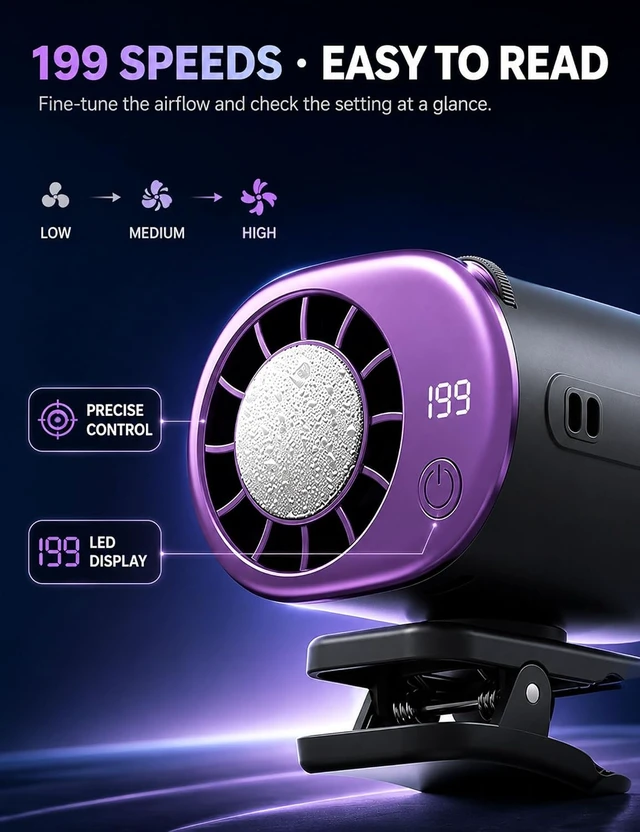Alt view image 3 of 7 - 2026 Car Clip on Air Conditioner Fan with LED Display, Portable Mini Cooling System, 16 Semi-Cooling Wide Clamp, USB Rechargeable, 360° Rotation Adjustable 199 Speeds Truck TentPurple Pink