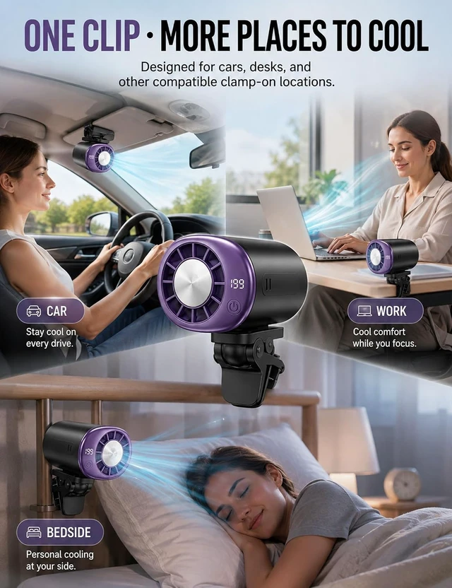 Alt view image 6 of 7 - 2026 Car Clip on Air Conditioner Fan with LED Display, Portable Mini Cooling System, 16 Semi-Cooling Wide Clamp, USB Rechargeable, 360° Rotation Adjustable 199 Speeds Truck TentPurple Pink