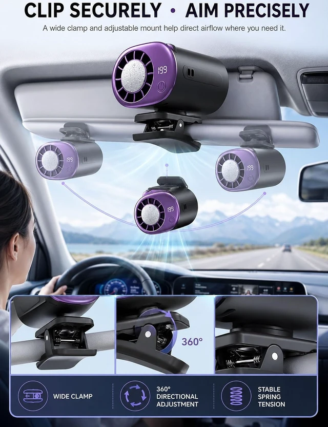 Alt view image 4 of 7 - 2026 Car Clip on Air Conditioner Fan with LED Display, Portable Mini Cooling System, 16 Semi-Cooling Wide Clamp, USB Rechargeable, 360° Rotation Adjustable 199 Speeds Truck TentPurple Pink