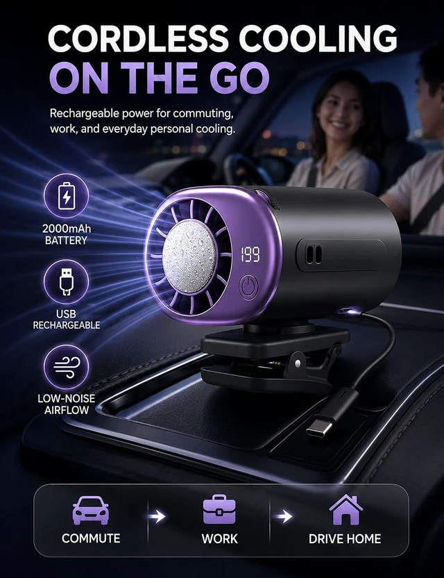 Alt view image 5 of 7 - 2026 Car Clip on Air Conditioner Fan with LED Display, Portable Mini Cooling System, 16 Semi-Cooling Wide Clamp, USB Rechargeable, 360° Rotation Adjustable 199 Speeds Truck TentPurple Pink
