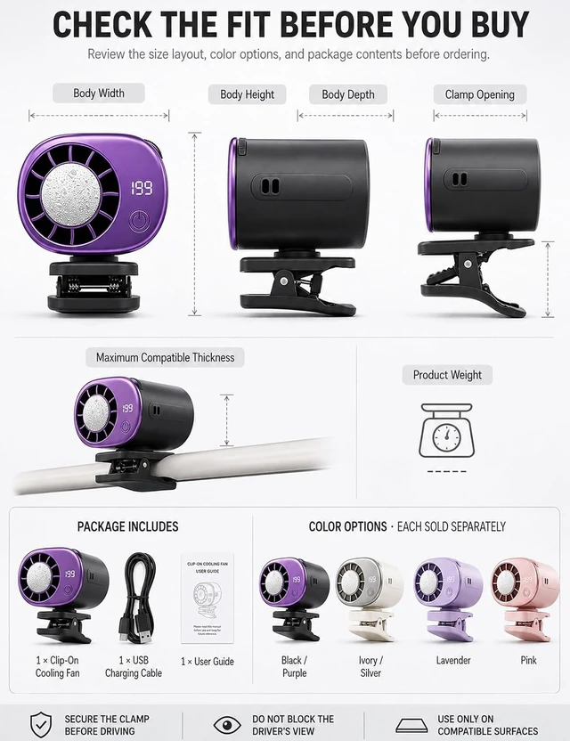 Alt view image 7 of 7 - 2026 Car Clip on Air Conditioner Fan with LED Display, Portable Mini Cooling System, 16 Semi-Cooling Wide Clamp, USB Rechargeable, 360° Rotation Adjustable 199 Speeds Truck TentPurple Pink