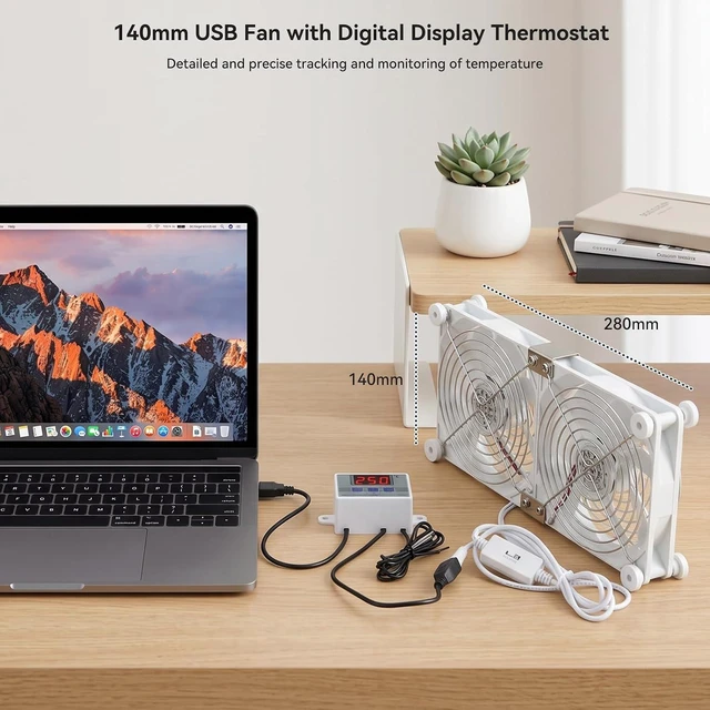 Alt view image 6 of 7 - aceyoon Double 140mm USB Cooling Fan with Digital Temp Control 5V PC Fan
