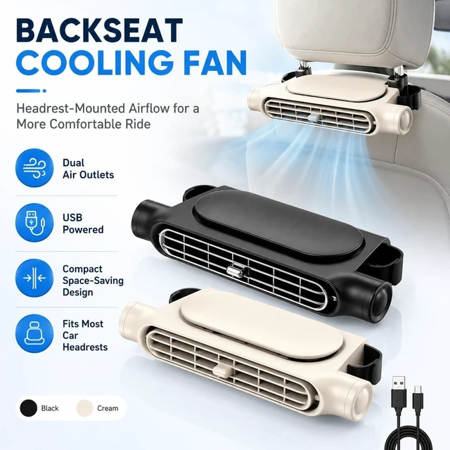 Alt view image 2 of 7 - Car Fans for Backseat, Rechargeable USB Headrest Mounted AC Ventilator, Car Fans that Blow Cold Air, Portable Car Seat Cooling Fan for Backseat, Universal Fit for SUV, Van (Beige+Black, Plug-in)