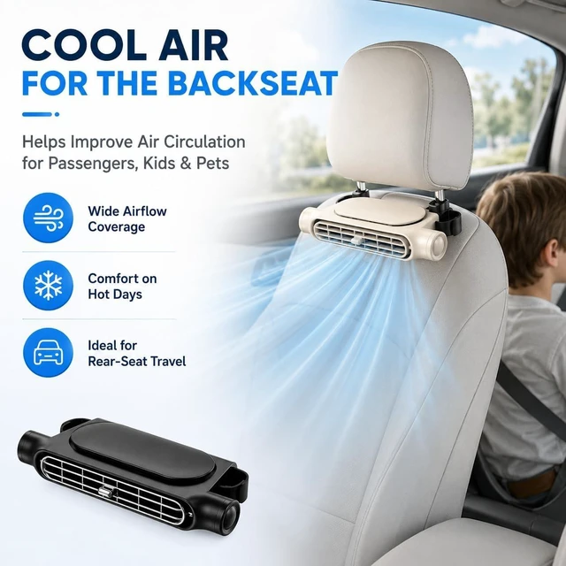 Alt view image 3 of 7 - Car Fans for Backseat, Rechargeable USB Headrest Mounted AC Ventilator, Car Fans that Blow Cold Air, Portable Car Seat Cooling Fan for Backseat, Universal Fit for SUV, Van (Beige+Black, Plug-in)