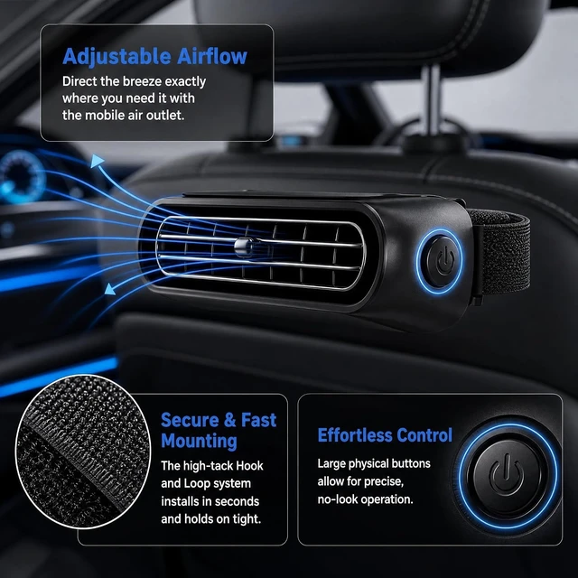 Alt view image 4 of 7 - Car Seat Fans Headrest Fan Rechargeable Battery Rechargeable Fan With 3 Speeds&Adjustable Angle Cooling for Cars Without Ac (Black,4 PCS)